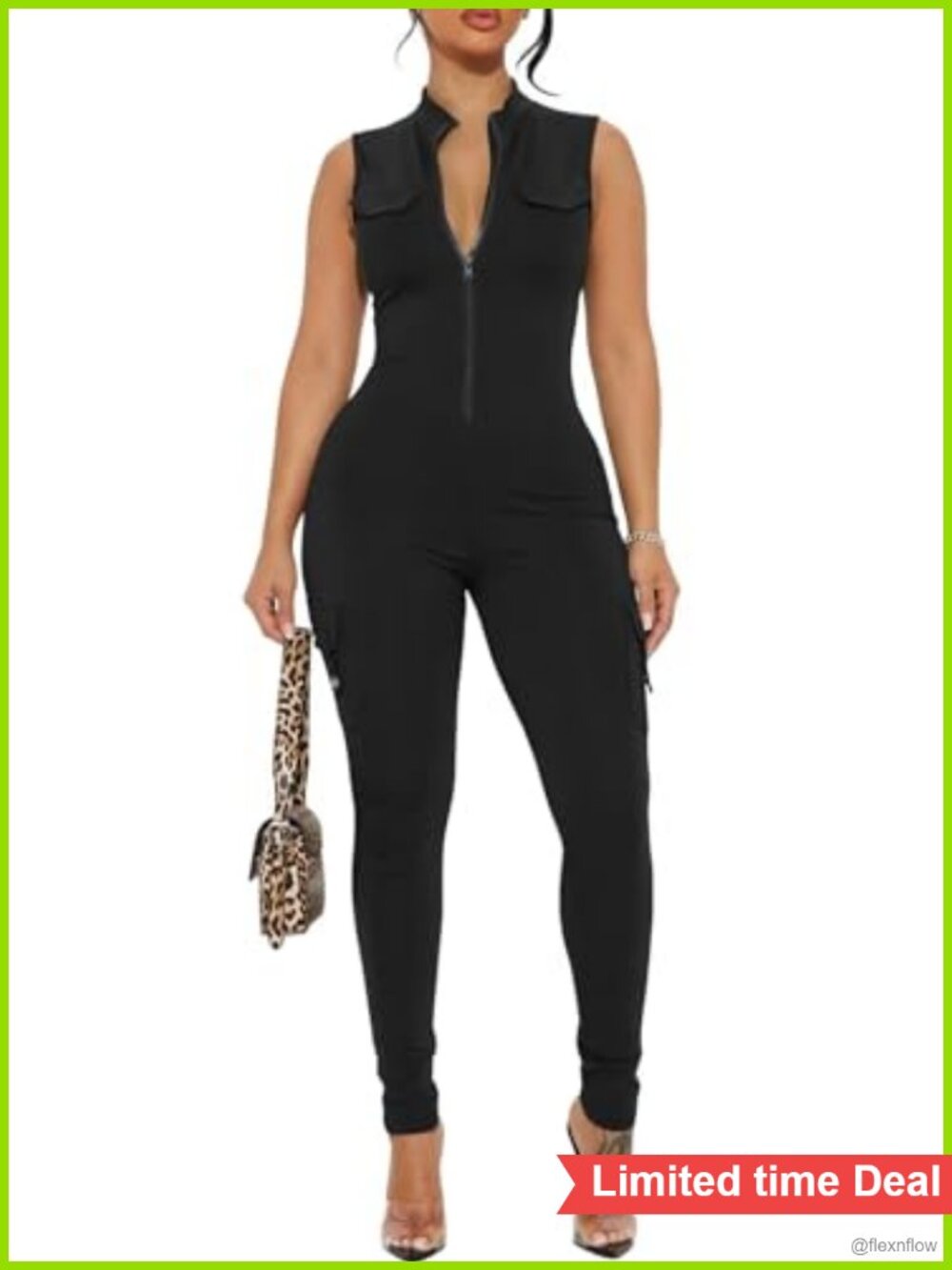 Women's Sleeveless Zip Up Front Jumpsuit Bodycon One Piece Workout Romper